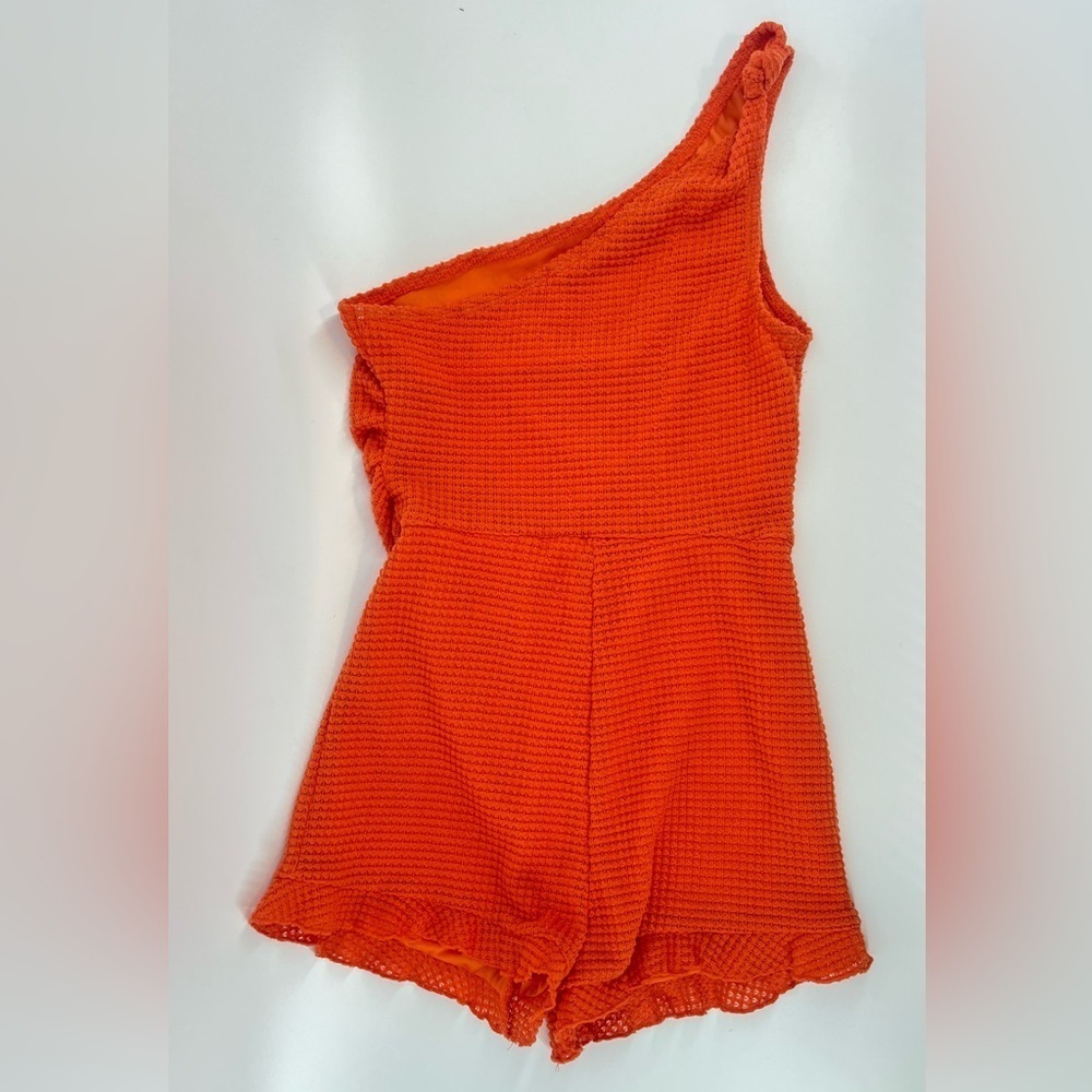 SHEIN bright orange one shoulder shorts romper ruffle hem size large L